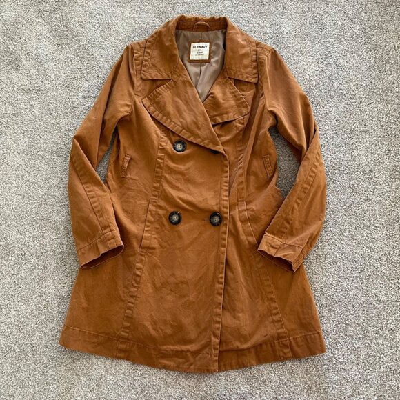 Old Navy Camel Caramel 100% Cotton Belted Double Breasted Trench Rain Coat Small - Picture 7 of 8